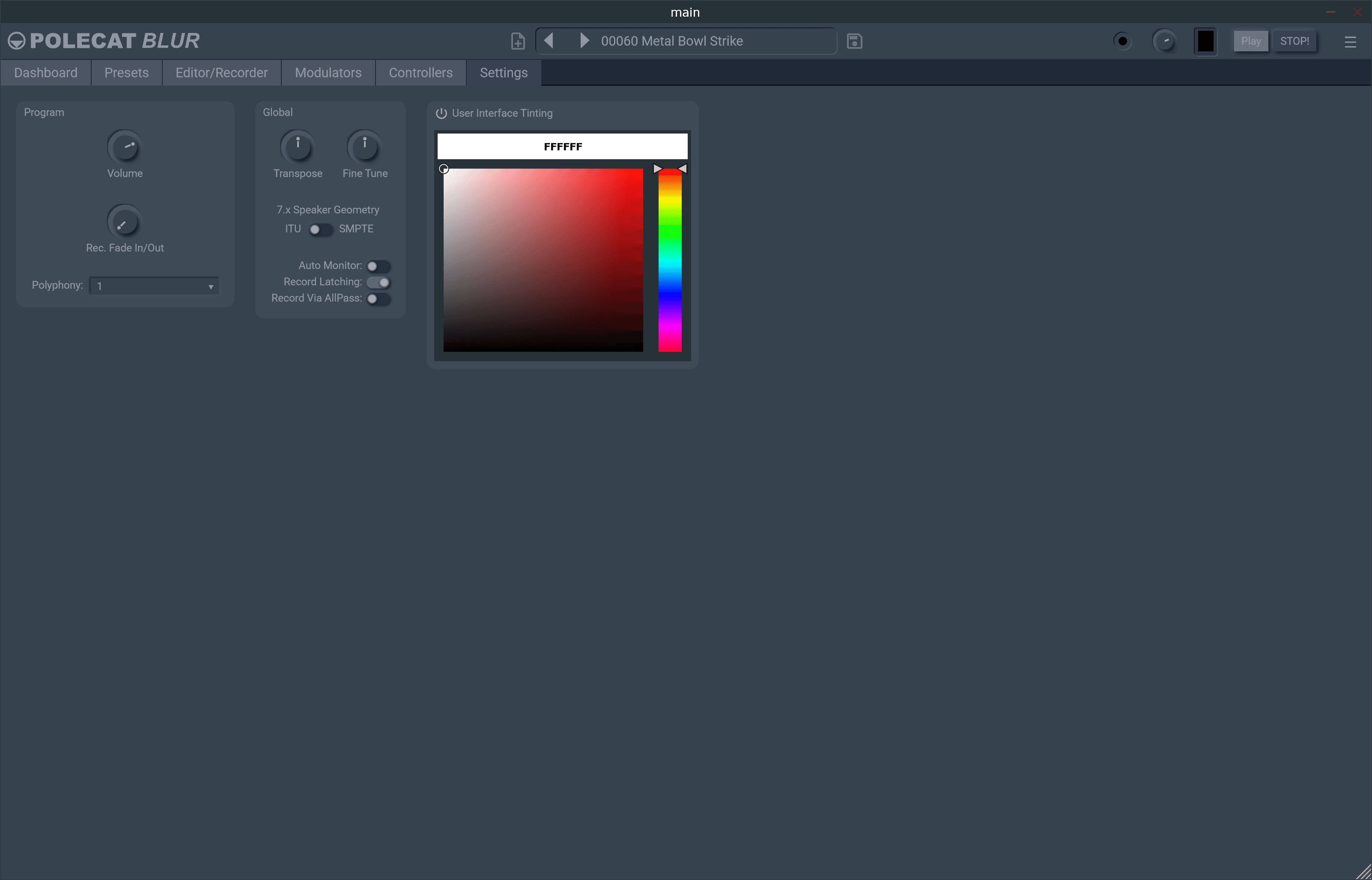 Polecat Blur Settings tab with the application menu at the upper right
