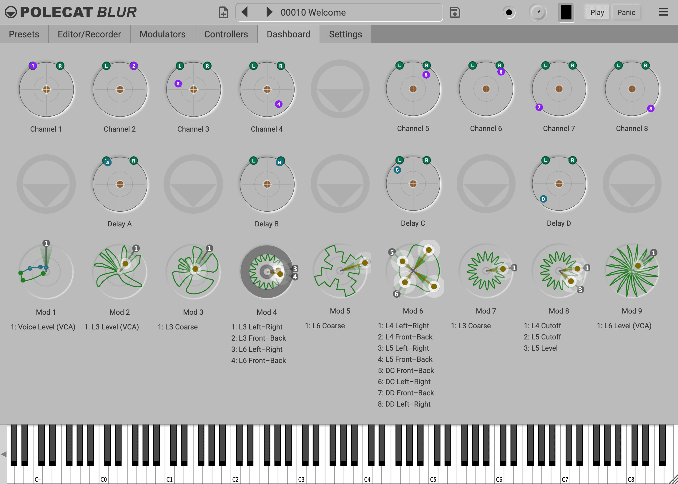 The Dashboard tab: a small panner for each of the eight channels and four delays, with the nine modulators' shapes below them and the on-screen keyboard along the bottom.