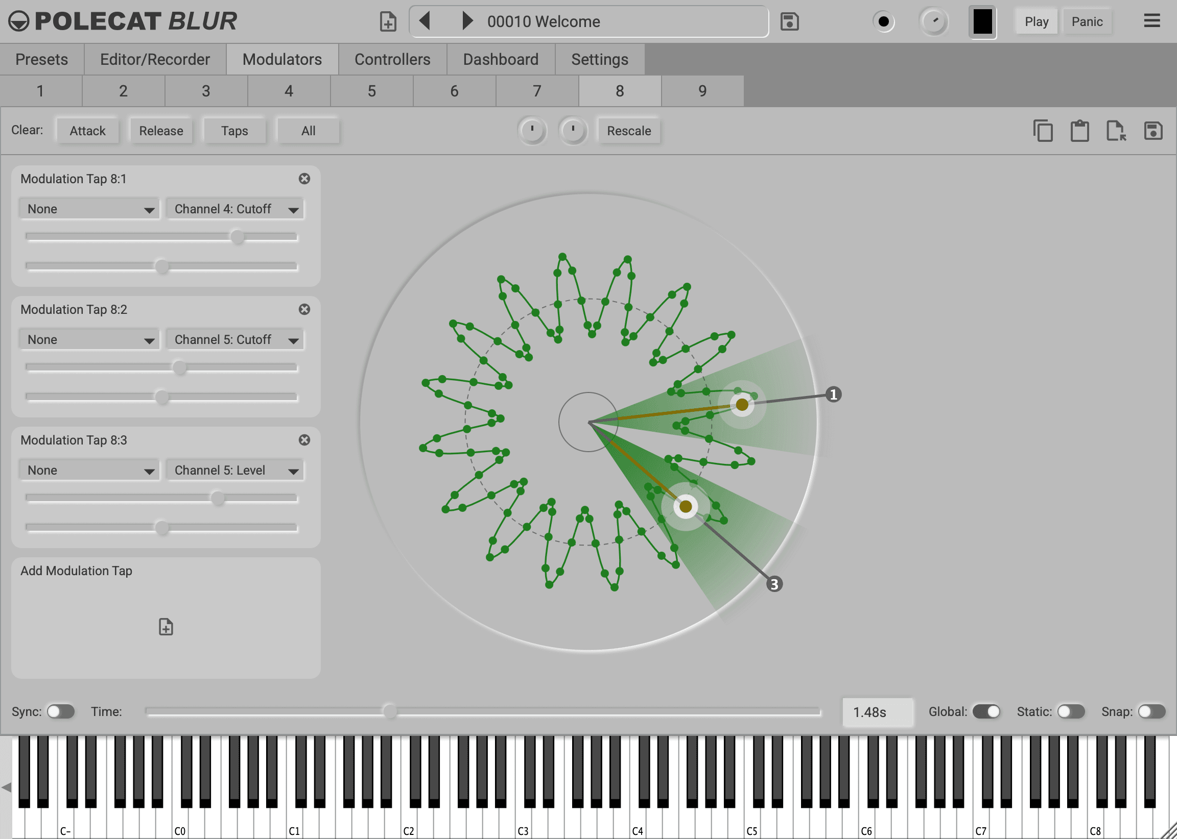The Modulators tab: the Modulation Tap 8:1, 8:2 and 8:3 panels on the left, each with a close icon, and the Add Modulation Tap panel below them. The Clear buttons run along the top, under the modulator tabs. The timing controls run along the bottom, with Sync off, above the on-screen keyboard.