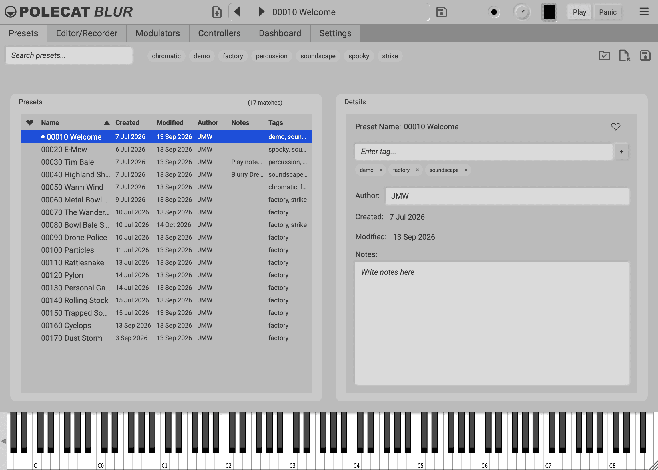 The Presets tab: a list of 17 factory presets with Welcome selected. Above it, one toolbar holds search, the tag buttons, and Folder, Load and Save. The preset's details and notes are on the right, and the on-screen keyboard runs along the bottom.